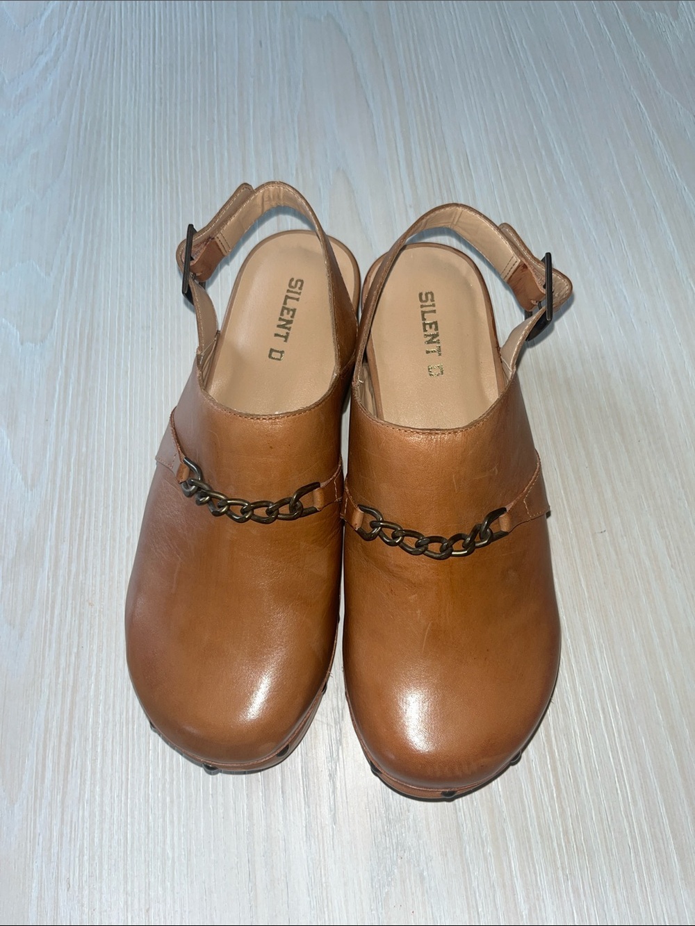 Silent D Tan Leather Chain-Accent Slingback Clogs